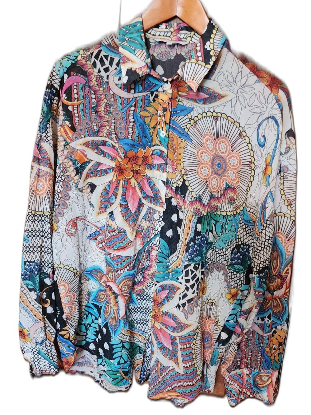 Desigual Vintage Blouse, Cotton Voile Button Front, Long Sleeves, Size M